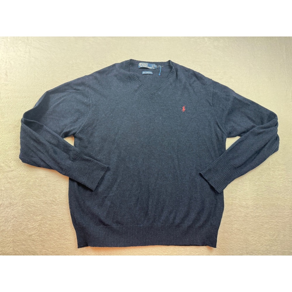 Polo Ralph Lauren Mens V-Neck Sweater Navy Blue 100% Lambswool Large Pony Logo